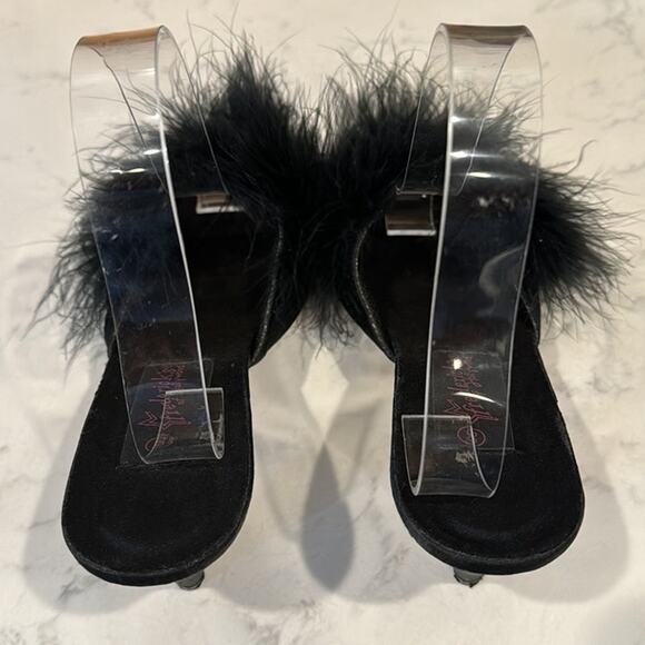 Fredrick’s of Hollywood 1980s Satin Peep Toe Pumps with Ostrich Feathers size 7 - Picture 3 of 9